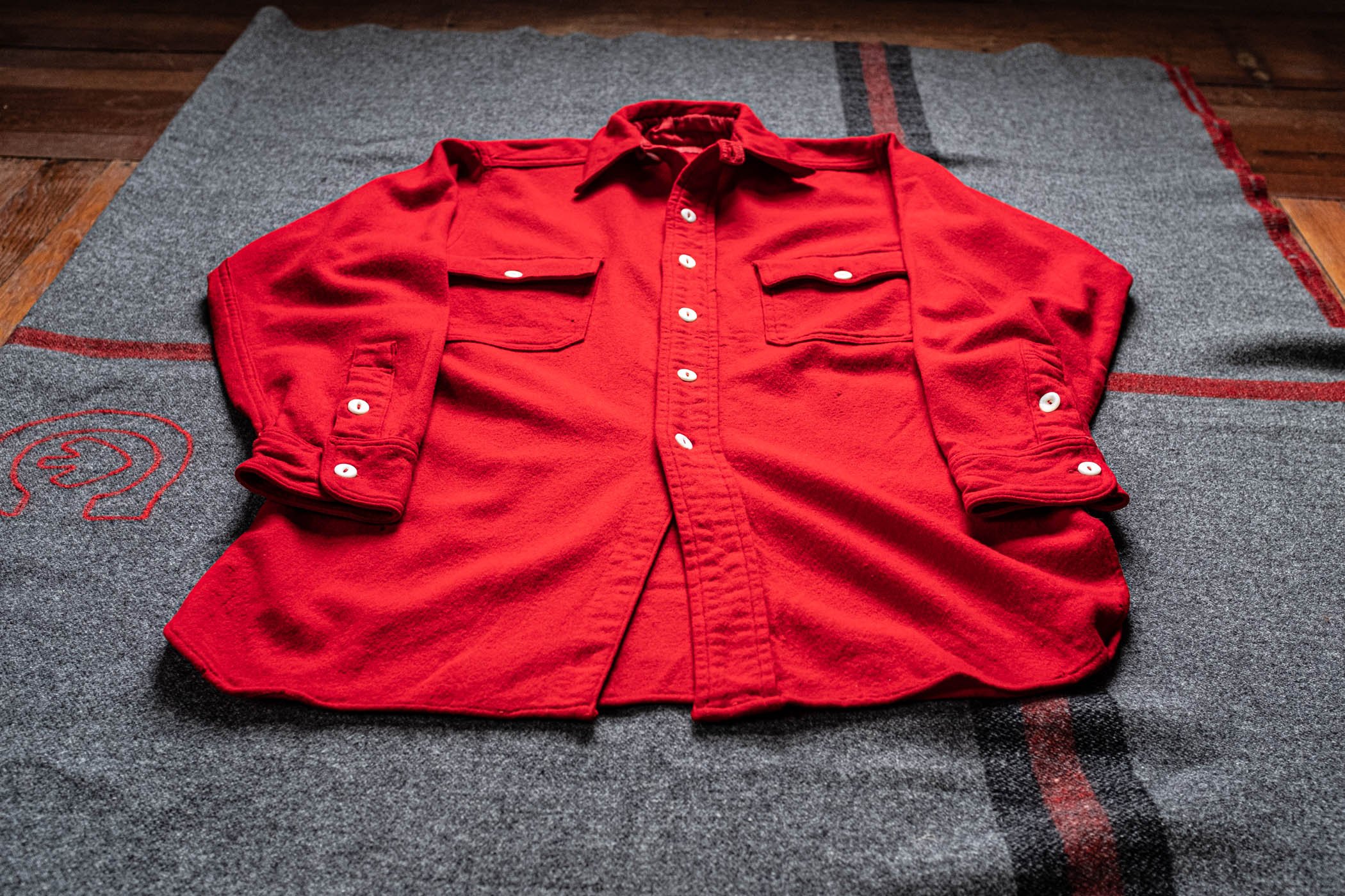 1930's JC Penny Red Wool Chin-Strap Work Shirt — SAUNDERSMILITARIA